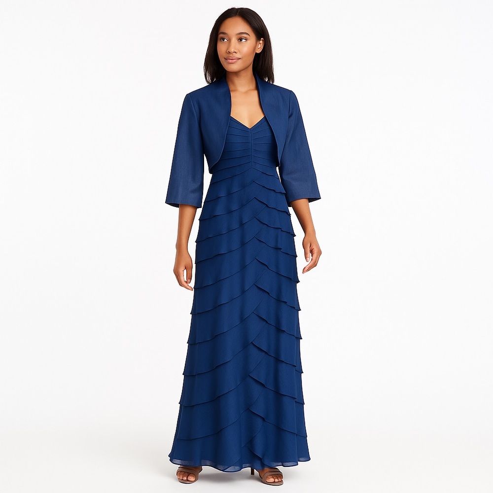 Adrianna Papell Occasion maxi dress cerulean blue flowy woven bolero crinoline 4